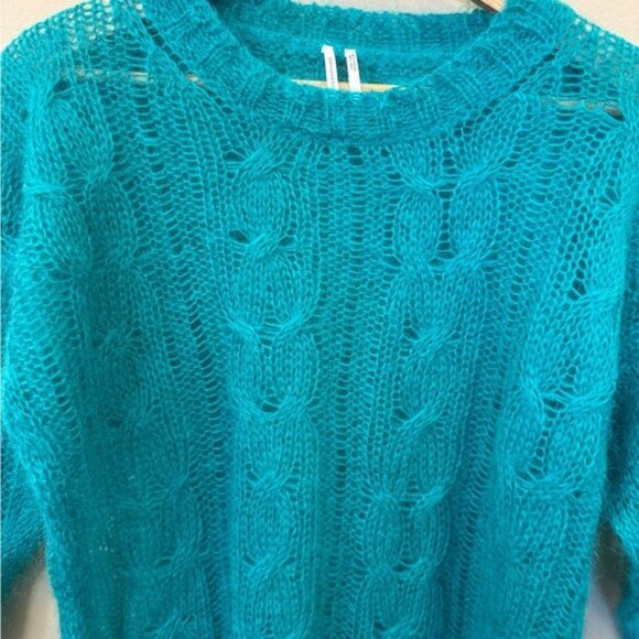 Anthropologie Women’s Sweater Sheer Teal Cable Knit Open Weave Size Small Cozy - Picture 5 of 11